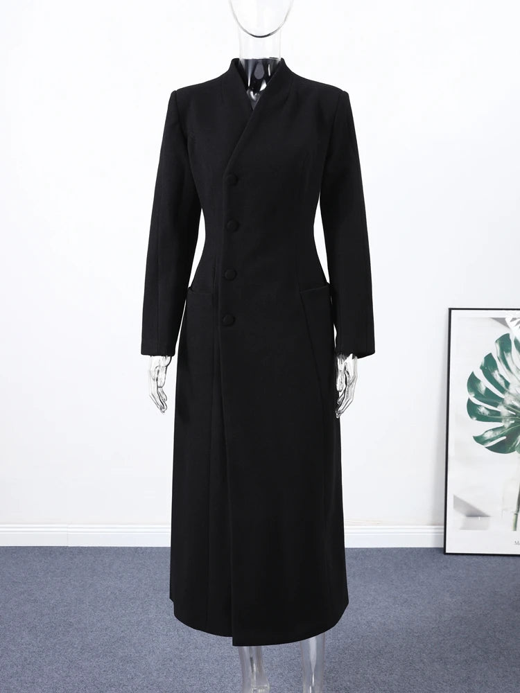 Elegant Long Coat Women V-neck Solid Slim Single-breasted Waist-closed Jackets Lady 2026 Spring Chic Female Streetwear