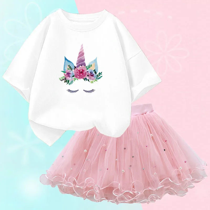 Dresses For Girl Summer Fashion Wear Outfit Kids T-Shirt Suit Unicorn Party Baby Costumes For Children Tulle Tutu Skirt Clothing