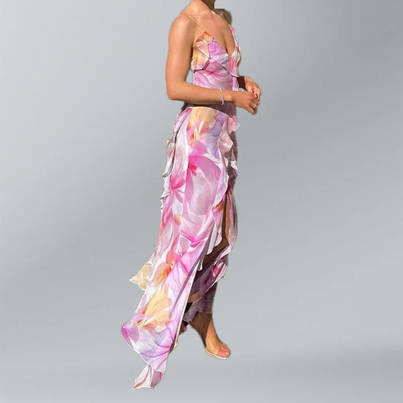 Summer New Style Women's Elegant Long Dress For Seaside Vacation Sexy Deep V-neck Suspender Slim Irregular Ruffled Slit Dress