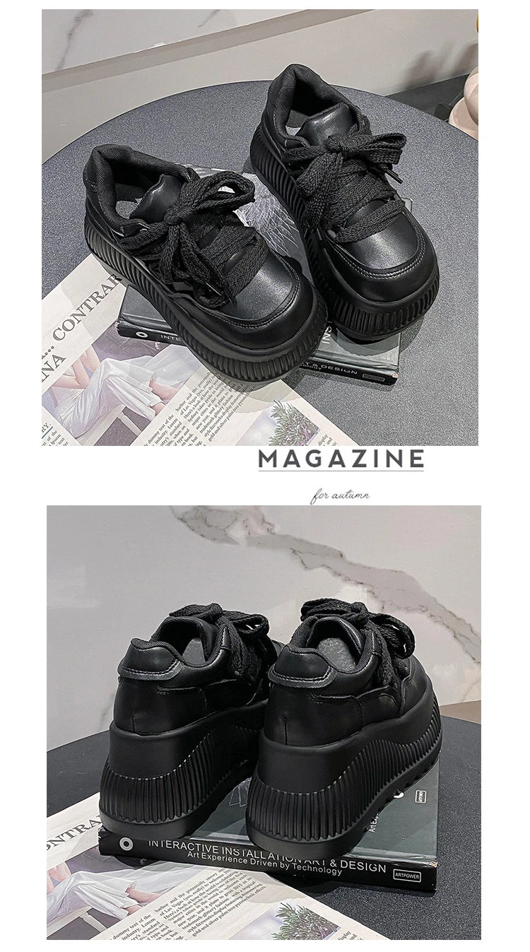 8.5CM New Synthetic Microfiber Leather Women Platform Wedge Ladies Chunky Sneakers 2024 High Brand Fashion Vulcanize Pumps Shoes