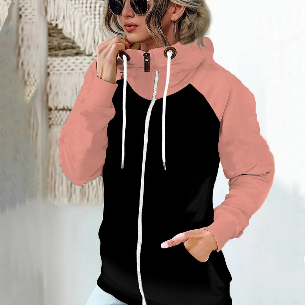 2025 Autumn Winter Women's High-neck Sweatshirt Casual Pocket Pile Collar Fleece Zipper Cardigan Color-blocking Velvet Coat