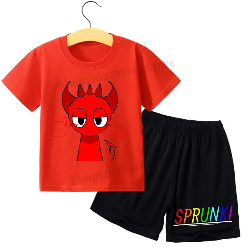 Kids 2 Piece Outfit Sprunki Red Face Character T-Shirt + Shorts Set Boys Girls 100% Cotton Casual Summer Pajamas Set