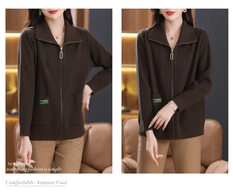 Knitted Cardigan Jacket Women Zipper Lapel Sweater Autumn Winter Outerwear