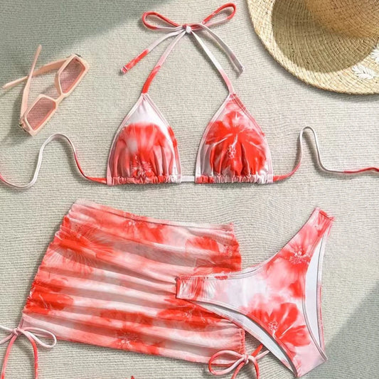 Sexy 3 Piece Bikini Set Women Printed Split Swimsuit Neck Strap Bathing Suit with Cover Up Skirt Swimwear Biquine Brasileiro