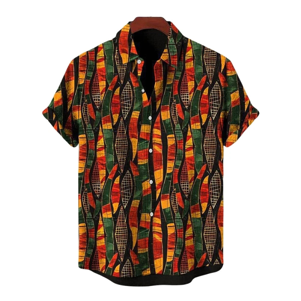 African Style Men's Retro Ethnic Tribal Short Sleeve Shirt Tops Fashion Casual Stripes Pattern Vacation Streetwear Men's Shirt