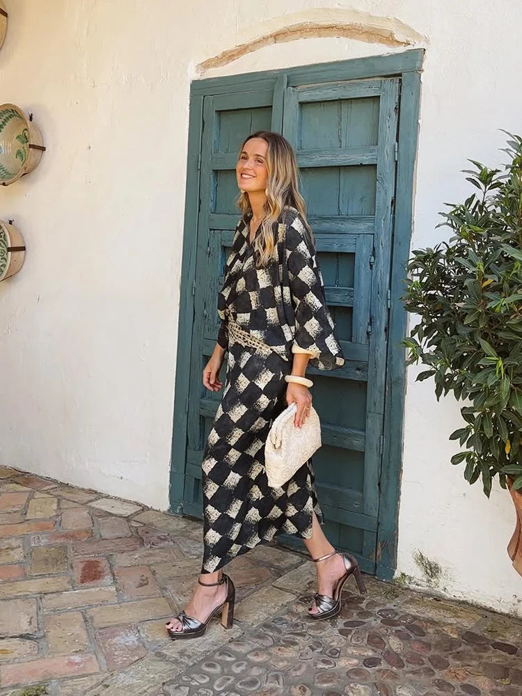 Elegant Plaid Printed Women's Dress V-neck Batwing Sleeve Waist Cinching Long Dress 2026 Spring Summer Casual Holiday Lady Robes