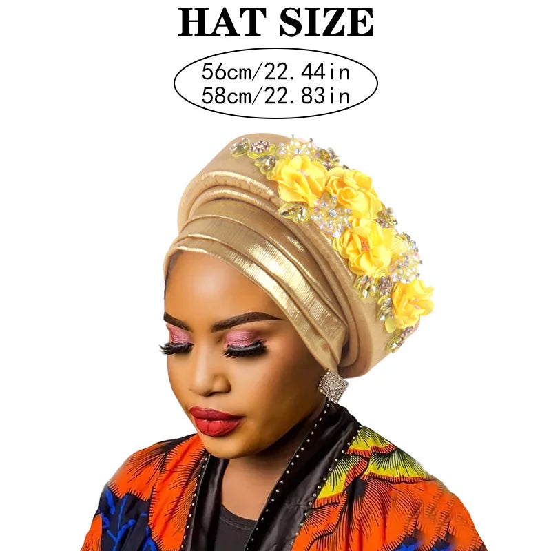 African Women's Turban Cap Diamond Flower Nigeria Auto Gele Headtie Already Made Wedding Geles Female Head Wraps Hat Party Mujer