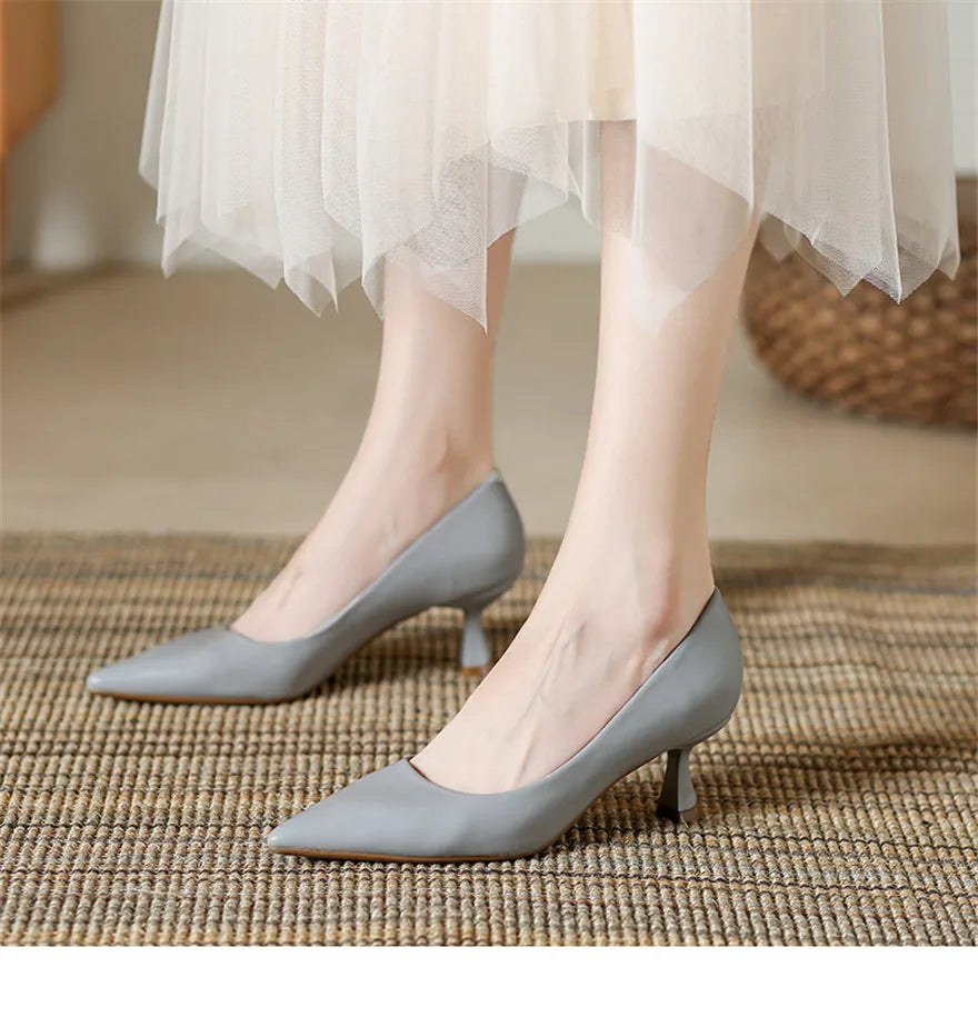 Soft Leather Concise Ladies Office Shoes 2026 Spring Shallow Comfort 6.0cm High Heels Women Pumps Dress Pointy Toe Wedding Shoes