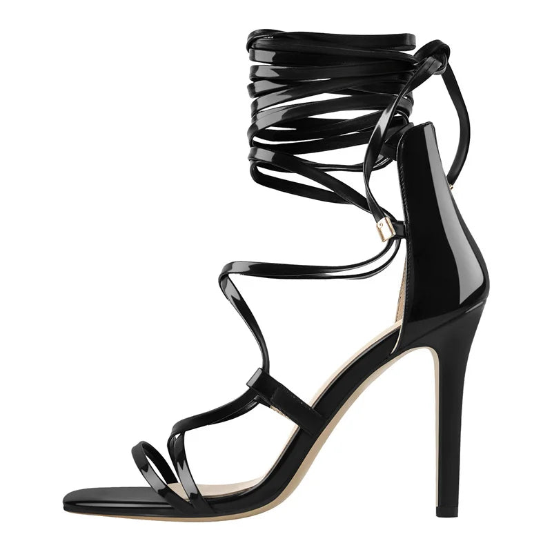 onlymaker Women Peep Toe Gladiator Ankle Strap Lace up 12CM High Heels Black Open Toe Stiletto Heeled Strappy Sandals