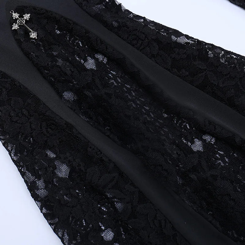Goth Mall Flare Pants Sexy Black Lace Patchwork High Waist Vintage Harajuku Hippie Punk Grunge Streetwear  Y2k Pants