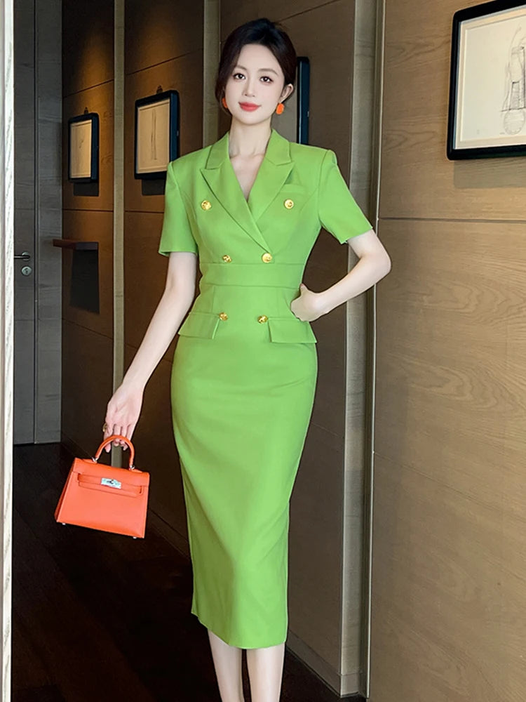 Elegant Office Lady Classic Business Formal Pencil Dress Women Clothes Blazer Commute Short Sleeve High Waist Slim Midi Vestidos