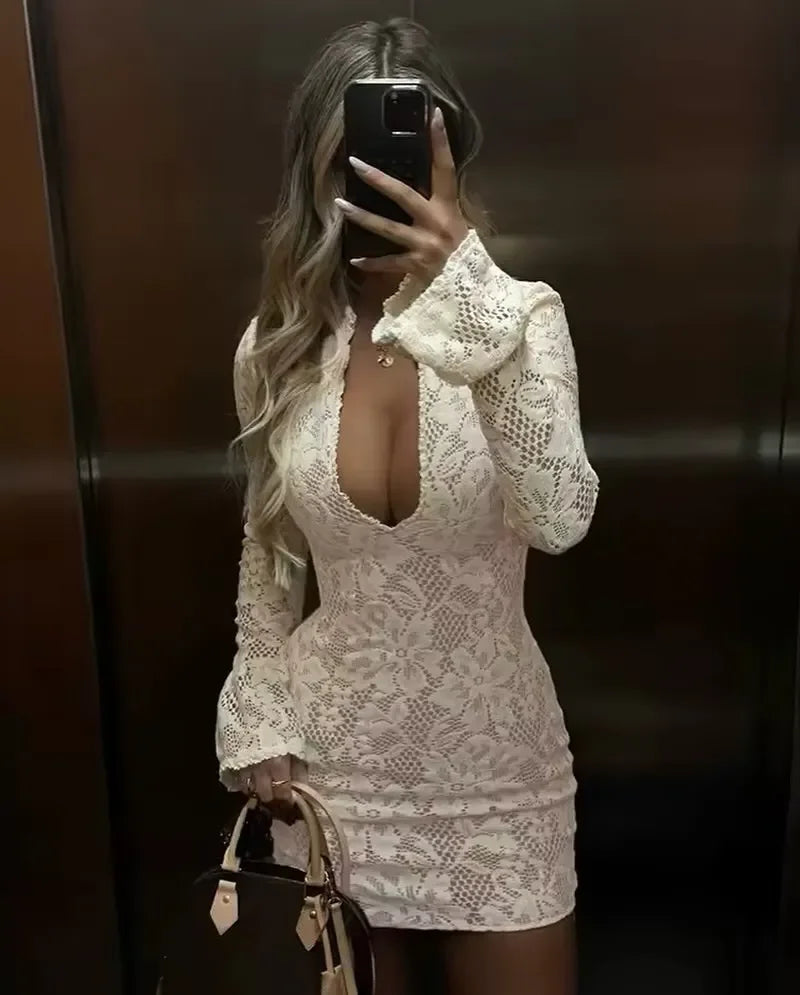 Suninheart Hollow Out Long Sleeve Cocktail Dress Women Lace Stand Collar