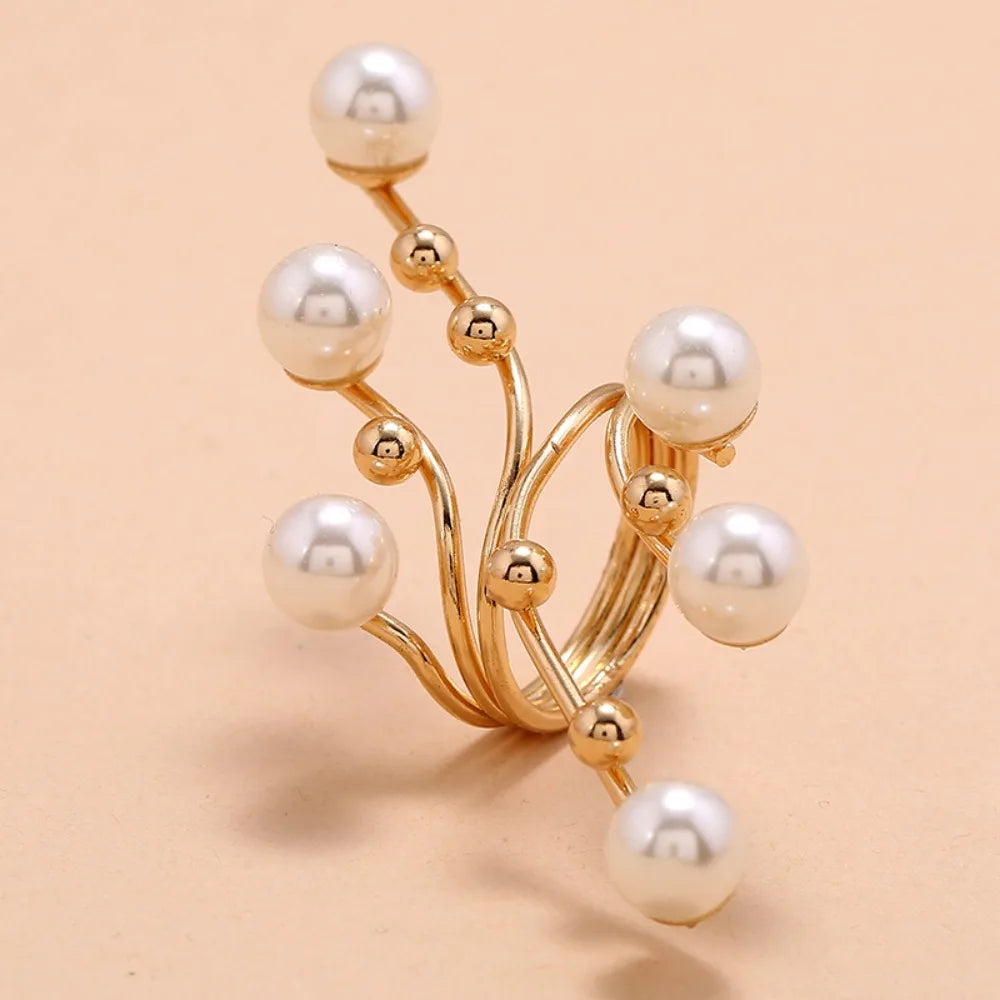Elegant Retro Oversize Multi Pearl Rings for Women Lady Shiny Crystal Rhinestone Irregular Charm Open Rings Jewelry