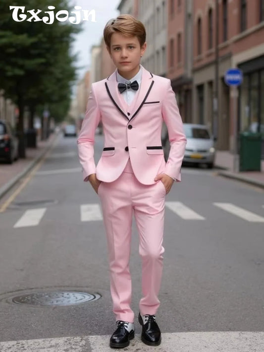 Casual Handsome Kids Suit Set 3 Pieces Host Costumes Notched Lapel Boys Slim Fit Suits Wedding Guest Clothes Plus Size Tuxedo