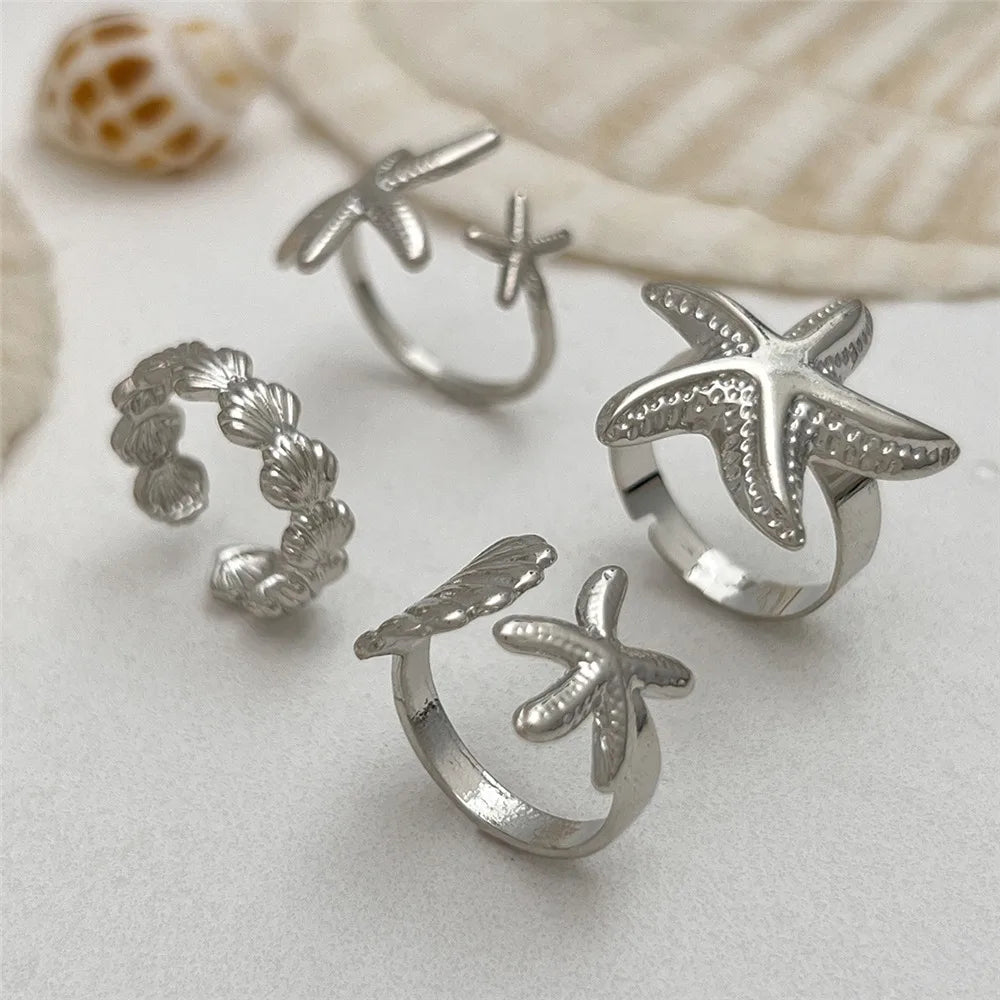 Starfish Scallop Adjustable Open Rings Gold Geometric Design Rings for Women Vacation Style Irregular Beach Jewelry Accessories