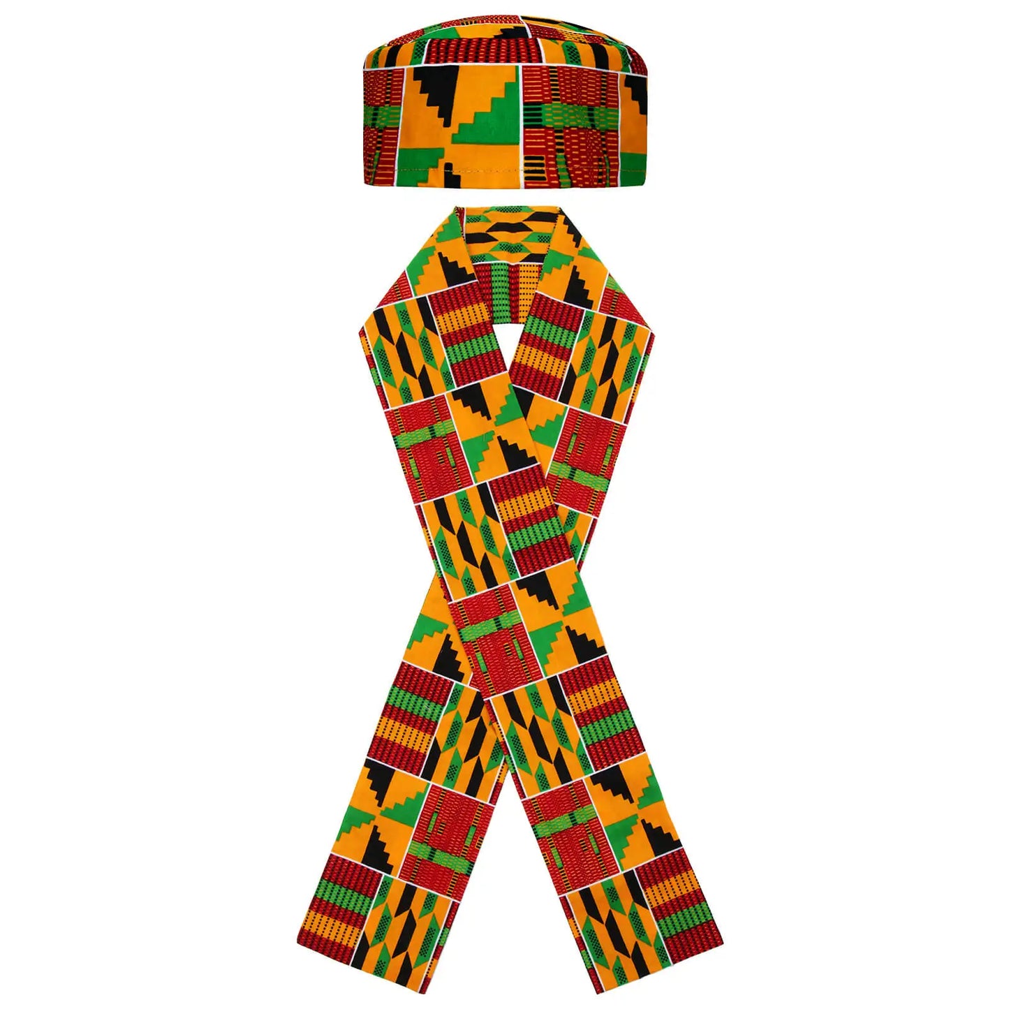 African Kente Pattern Kufi Hat and Stole Sash Shawl for African Black History Party Outfits
