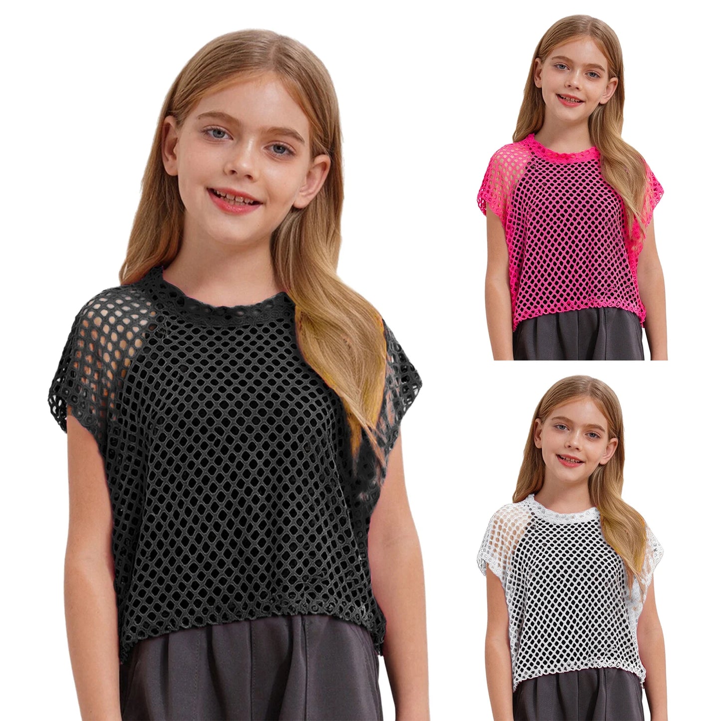 Kids Girls Fishnet Crop Tops T-shirt Casual Summer Short Sleeve See-Through Mesh T Shirt Female Hip-Hop Street Dance Clothing