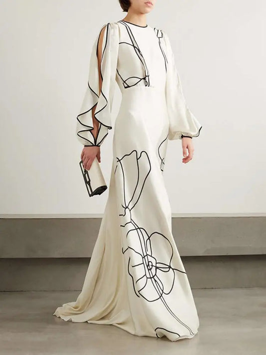 Bonboho Flower Printed Elegant Floor Length Evening Dress for Women Ladies Round Neck Ruffled Sleeve High Waist Pleated Dresses