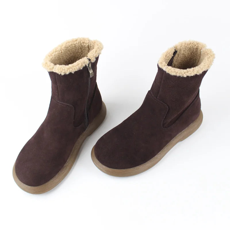 Careaymade-Genuine cow leather Snow cotton round head flats woolen short boots plush warm snow boots Oversized shoes size 35-43