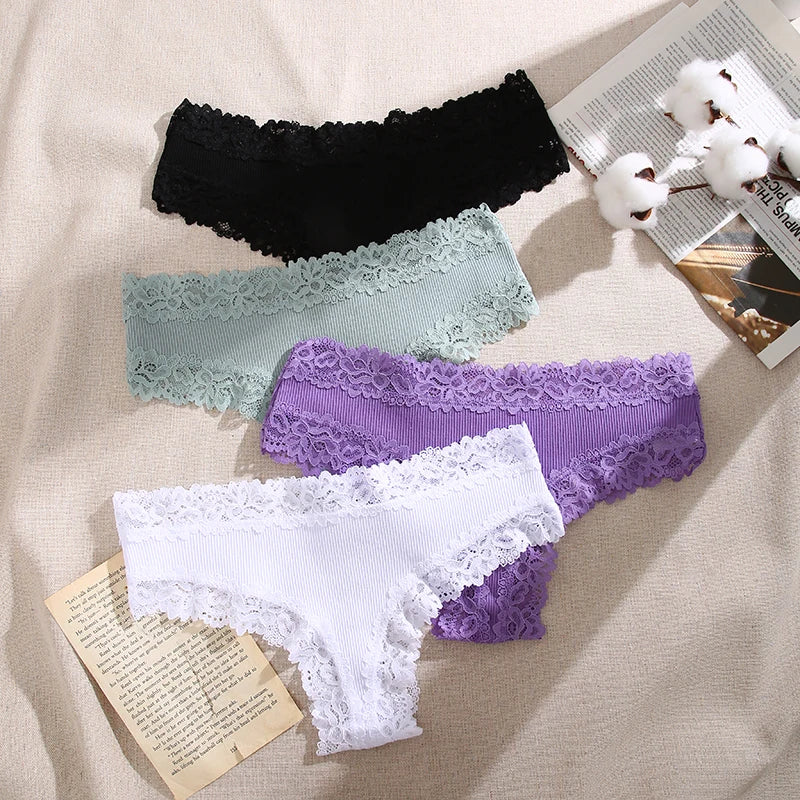 Lace Seamless Brazilian Panties Ribbed Cotton Low Waist Women's Panties Breathable Girls Underwear Plus Size Lingerie S-XL