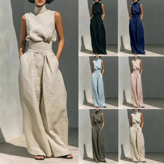 European And American Cotton And Linen Casual Suit For Women'S Summer Fashion Sleeveless Paired With Casual Pants Two-Piece Set