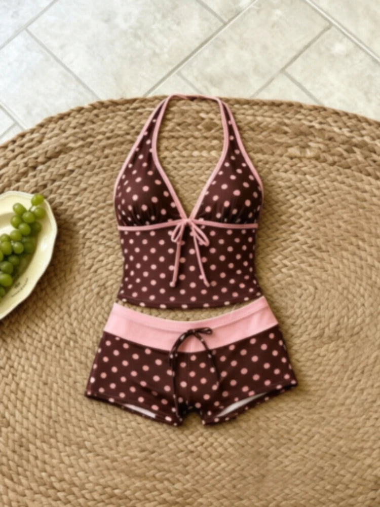 Womens Holiday Seaside Swim Sets 2-Piece Halter V-Neck Tie Strap Tankini Bodycon Contrast Waistband Beach Swimming Clothes