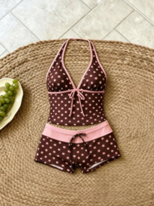 Womens Holiday Seaside Swim Sets 2-Piece Halter V-Neck Tie Strap Tankini Bodycon Contrast Waistband Beach Swimming Clothes