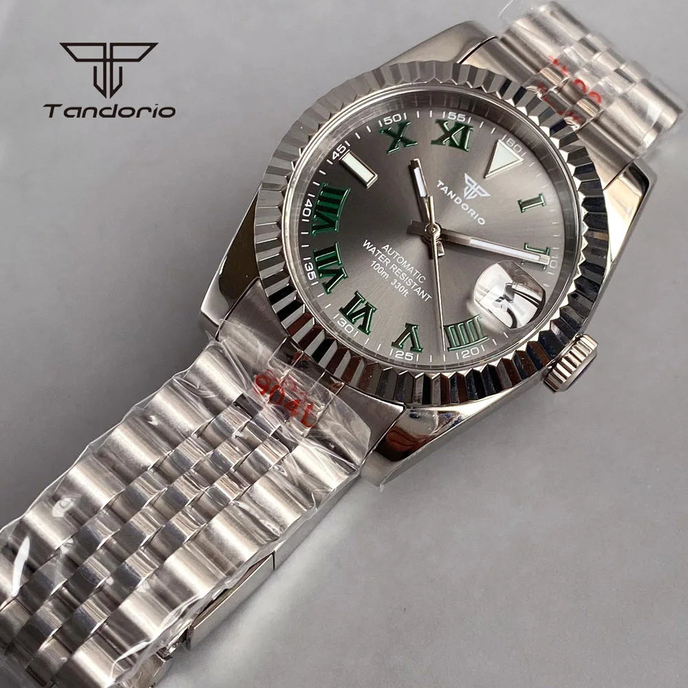 Tandorio Stainless Steel Automatic NH35 36mm/39mm Men's Watch Grey Sunburst Sapphire Roman Marks Mechanical Watches Date Lume