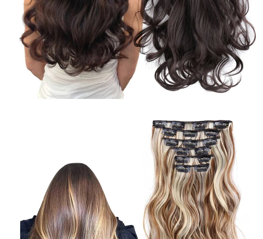 22 Inches Synthetic Long Straight Hairstyle 16 Clips 6Pcs/Set Hair Extensions Blonde Black Hairpieces Heat Resistant For Women