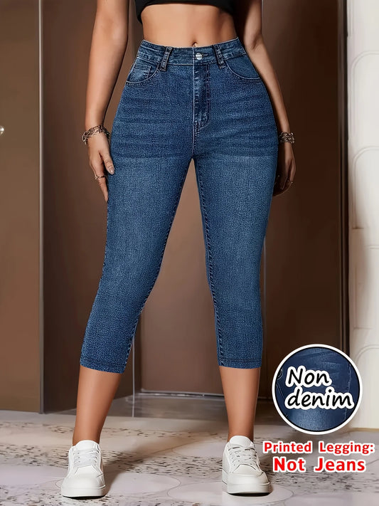 7149Women's Soft Faux Denim Print Shorts Non Hard Denim High Elastic Slim Fit Vacation Capri Pants