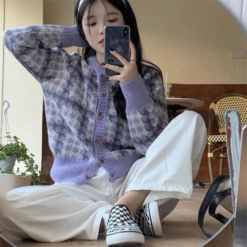Y2k Pink Women Cardigan Korean Sweet Plaid Long Sleeve Female Sweaters Harajuku New O Neck Preppy Style Ladies Tops