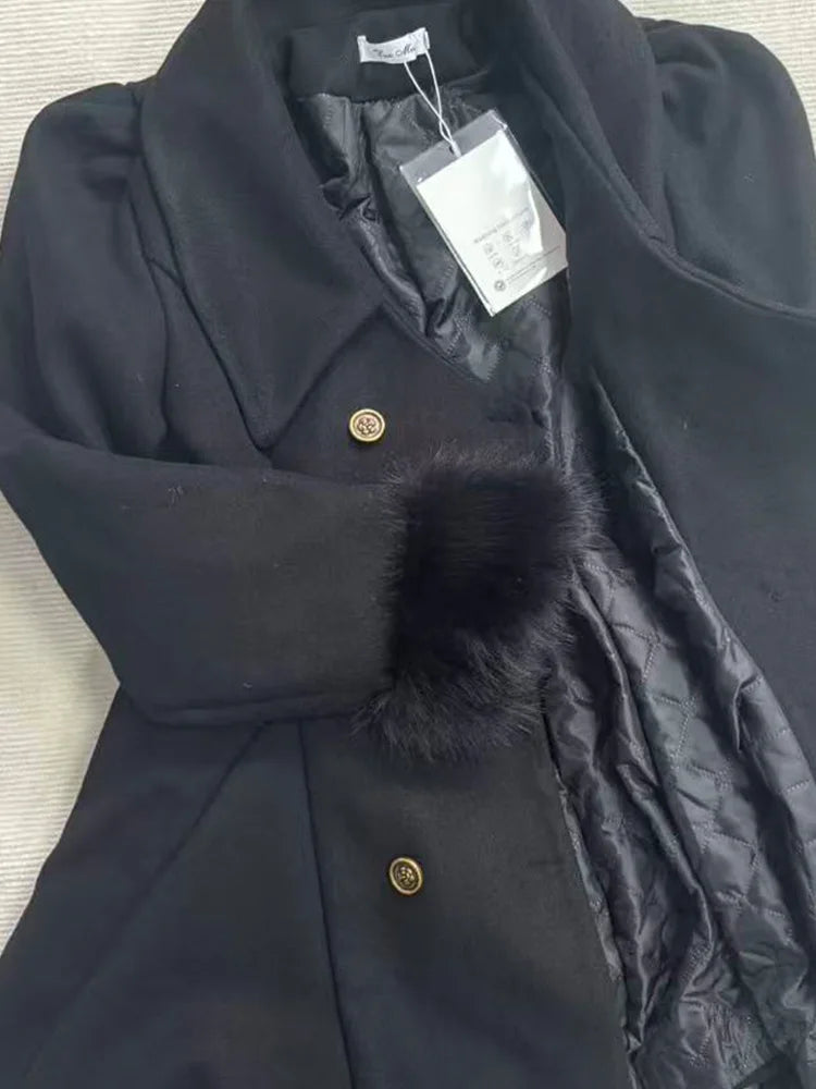 Winter Hepburn Black Fur Collar Woolen Coat French Style Vintage Blends Slim Mid-length Outwear Elegant Lolita Warm Outfits 2025