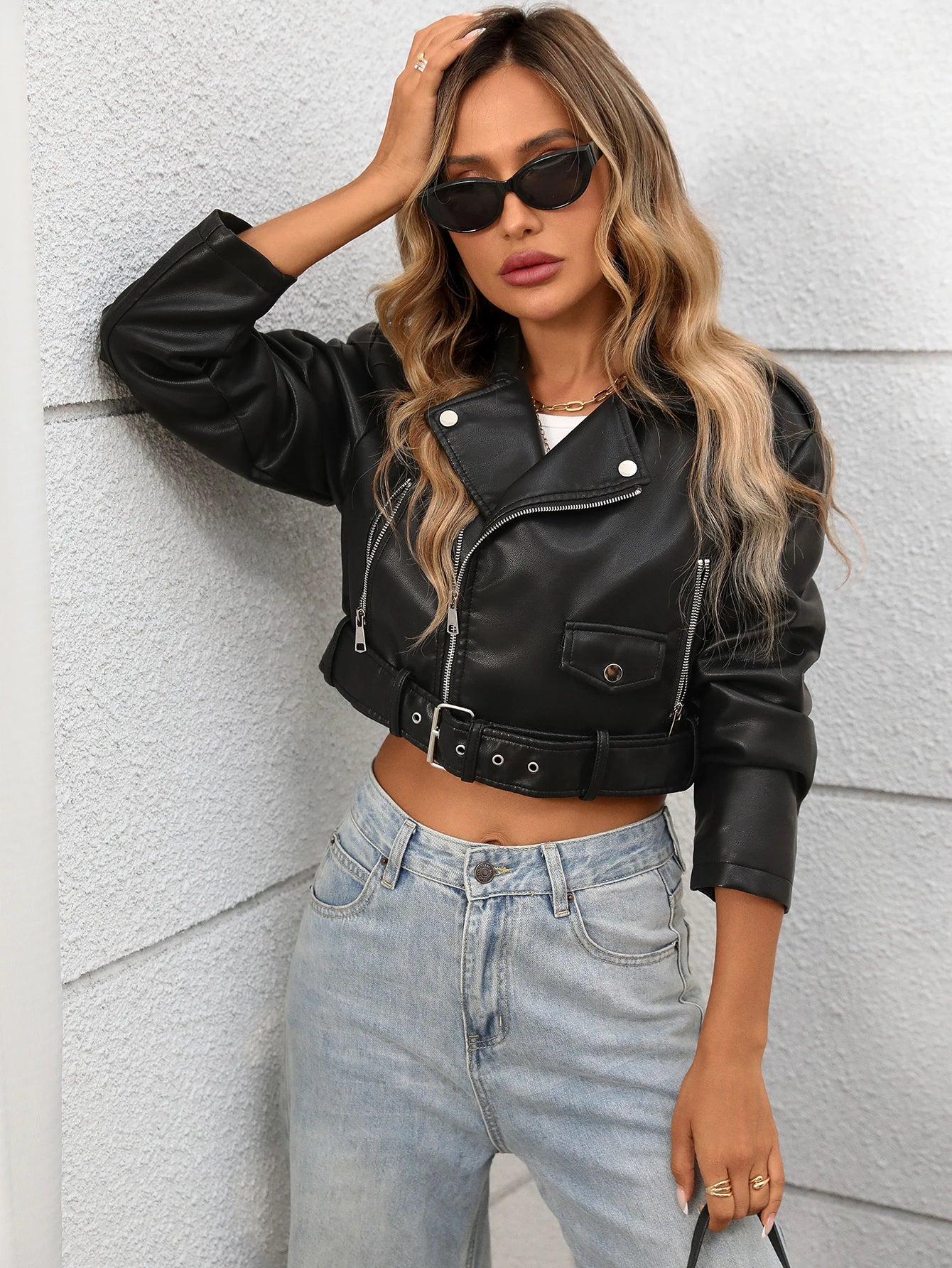 Women Faux Leather Cropped Jacket Lapel Zipper Biker Short Bomber Moto Coat with Belt