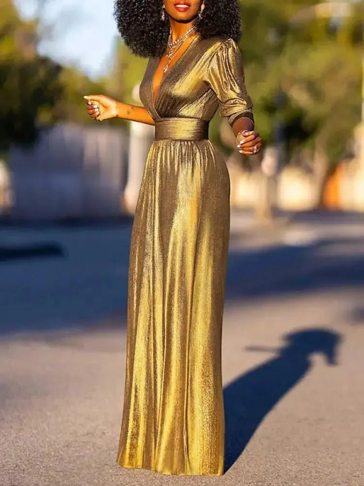 Uoozee Female Fashion Sexy Deep V-neck High Waisted Wide Leg Jumpsuits 2025 New Long Sleeves Solid Color Loose Party Outfits BAZAARHUBO
