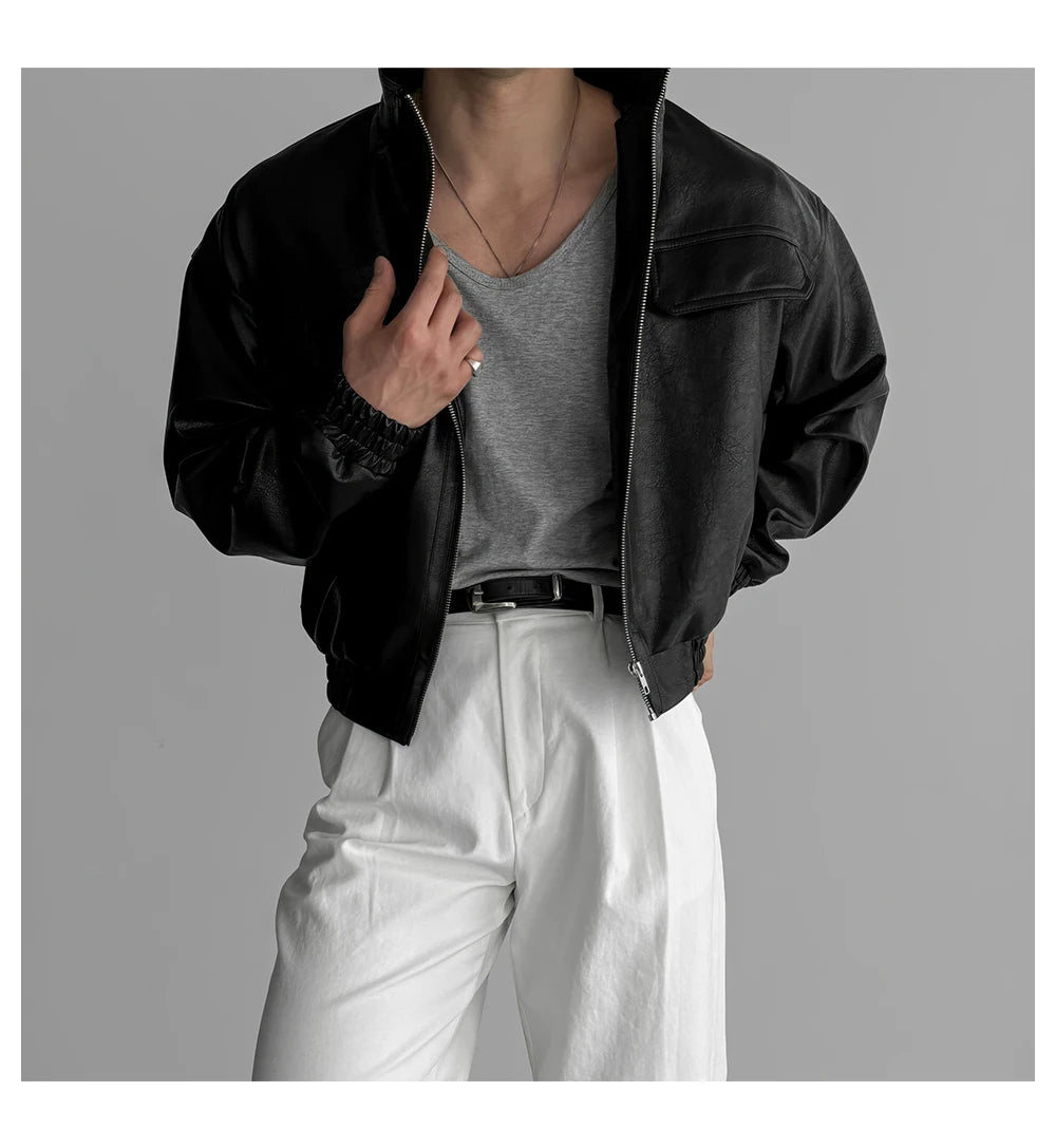 Mauroicardi Spring Autumn Cool Short Waterproof Thickened Warm Black Pu Leather Bomber Jacket Men Zip Up Luxury Designer Clothes