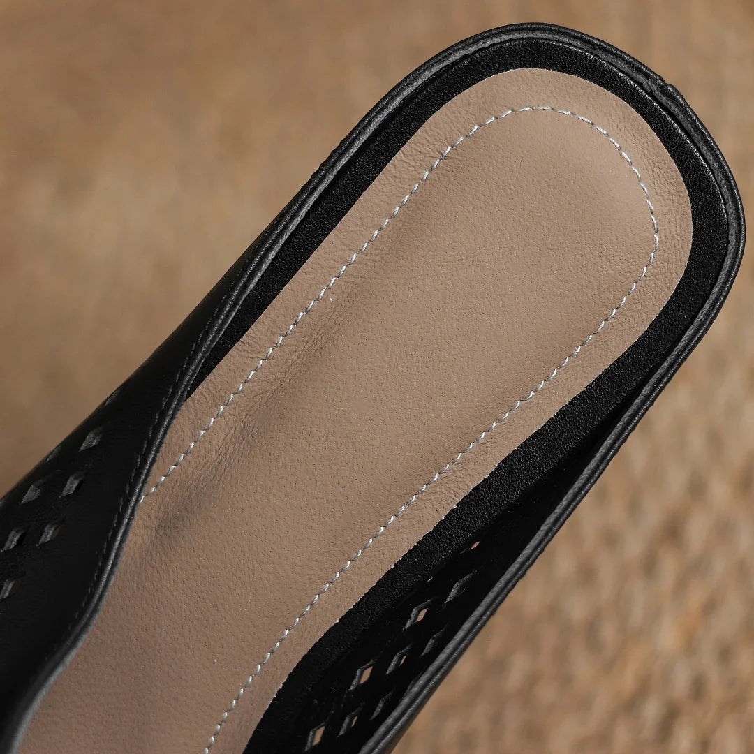 2025 Summer new plus size 34-41 women's hollow-out cow leather slip-on flats summer slides sandals sweet bowtie elegant mules