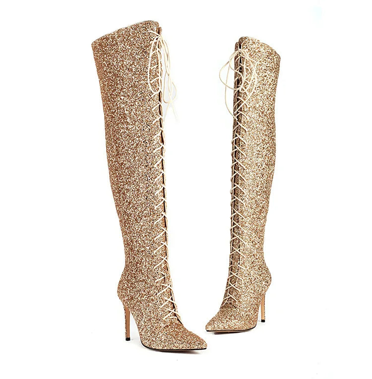10CM Night Club Over The Knee Boots Sequins Thin High Heels Fashion Lady Pointed Long Boots Autumn Winter Party Shoes For Women