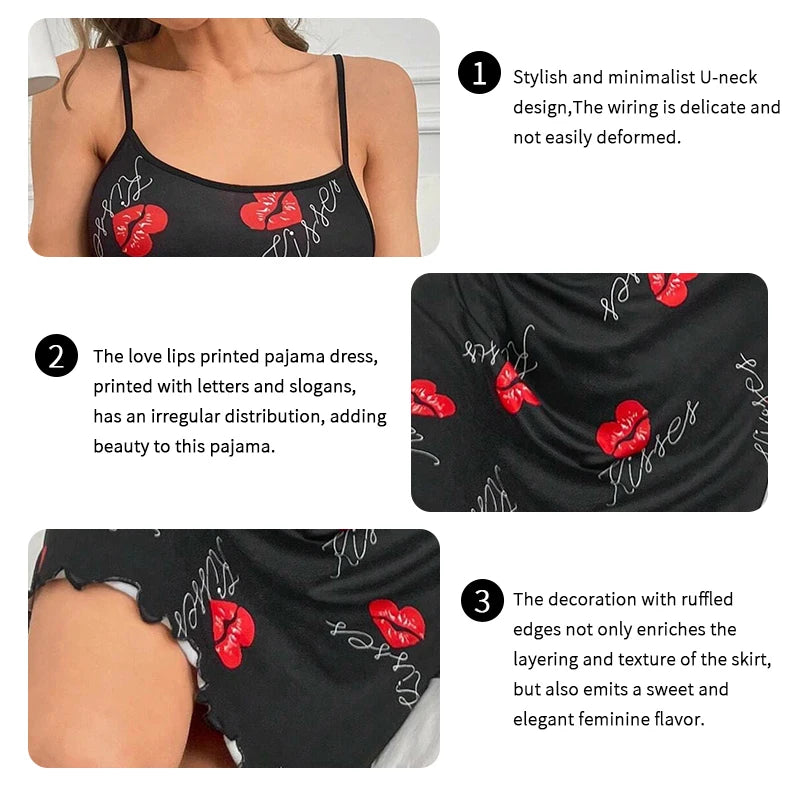 Heart Print Lettuce Trim Slip Nightdress Casual Round Neck Backless Night Dress Women's Sleepwear Home Loungewear Pyjama Femme