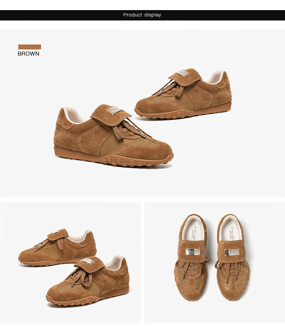 BEAUTODAY Fashion Trainers Women Cow Suede Sneakers Metal Buckle Leather Flats Lace Up Female Casual Shoes Handmade 29897