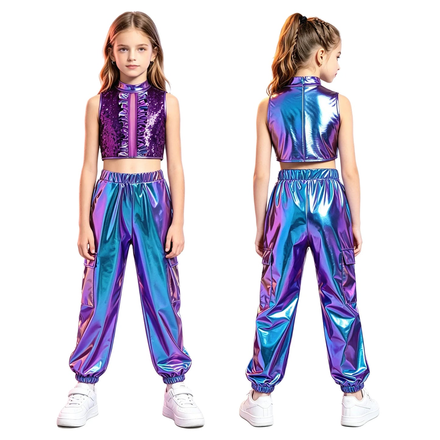 Kids Girls Disco Jazz Hip Hop Dance Outfit Sleeveless Shiny Sequin Ruffle Crop Top with Metallic Pants School Show Party Costume