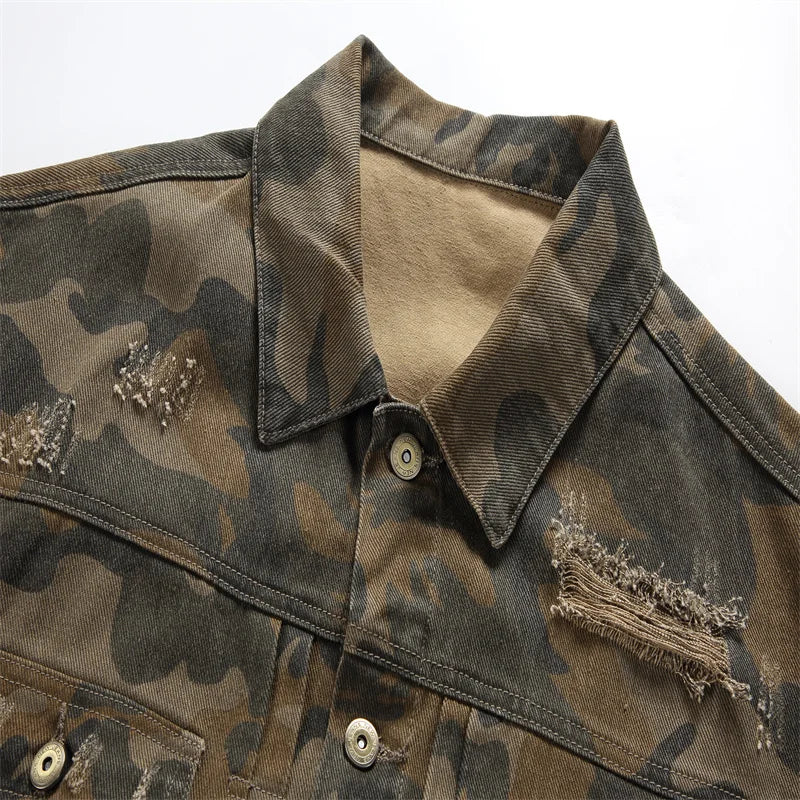 Spring Autumn American Style Denim Jacket Men Fashion Hole Camouflage Turn Down Collar Loose Outerwear Men Casual Denim Jackets