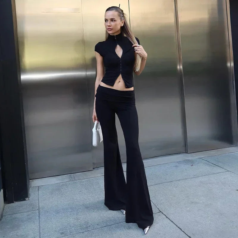Y2k Black Hollow Out Slit Dress Women Solid Short Sleeve High Neck Slim Fit Maxi Dresses Lady Fashion Evening Party Club Robe