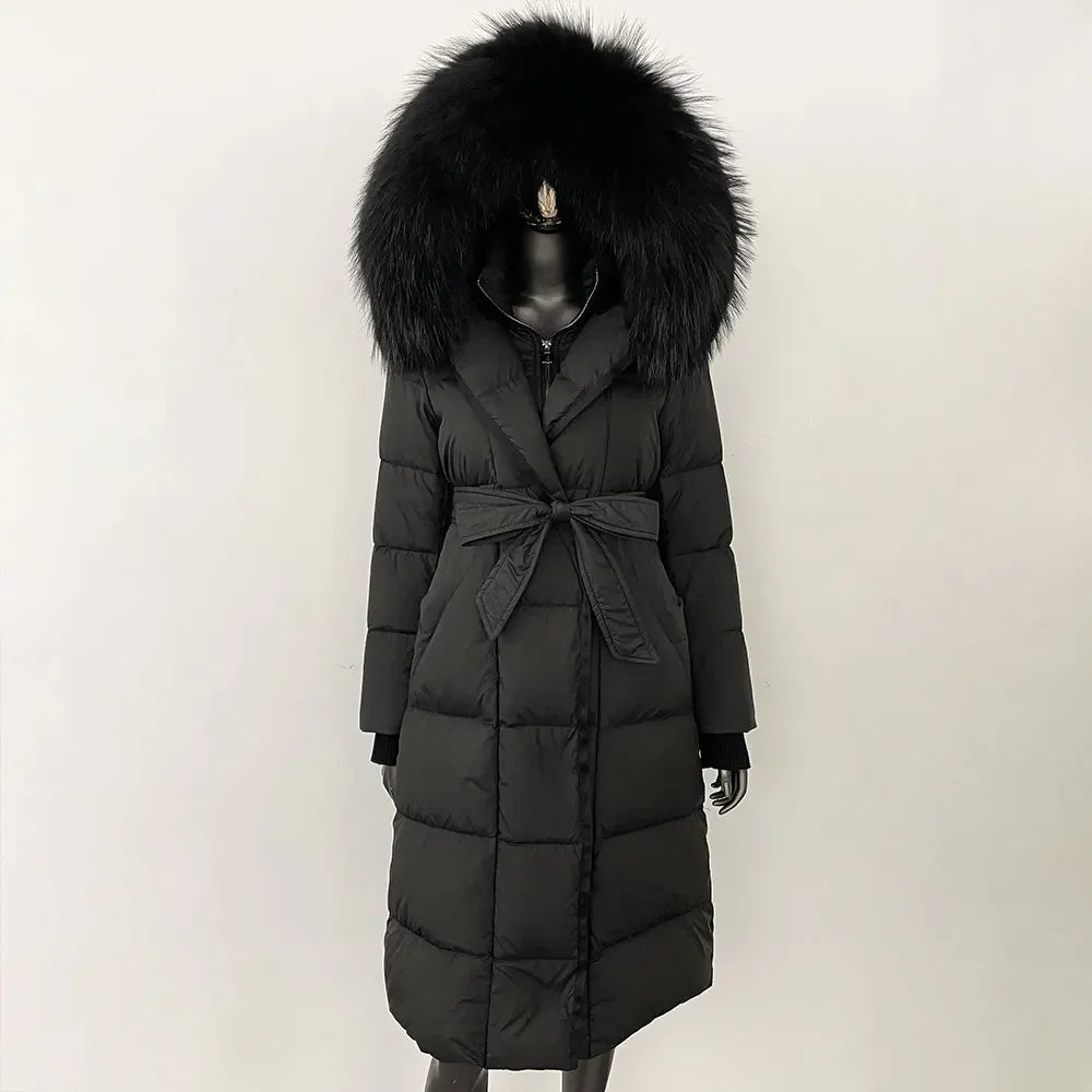 Down Jacket Women Winter Real Natural Fox Fur Hooded Detachable Collar Belt White Goose Down Coat Long Casual Elegant Overwears