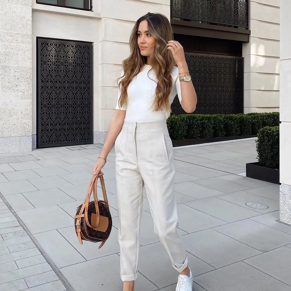 Duoperi Women High Waist Solid Trousers Chic Office Workwear Long Pants