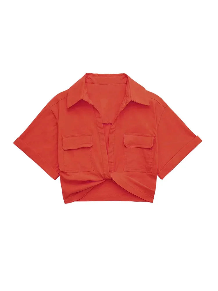Women Fashion Front Knot Elastic Linen Cropped Shirts Vintage Short Sleeve Patch Pockets Female Blouses Blusa Chic Tops