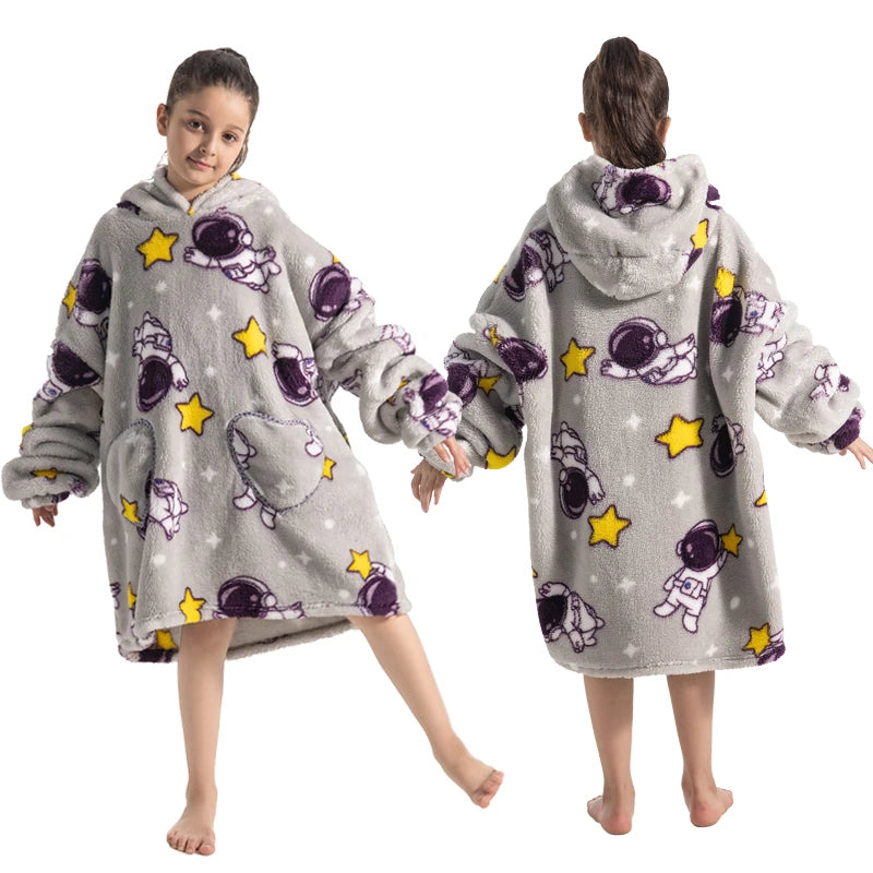 Girls Winter Clothes Flannel Thick Hoodies Super Warm Children's Sweaters Kids Hooded Loose Clothing Homewear Wearable Blankets