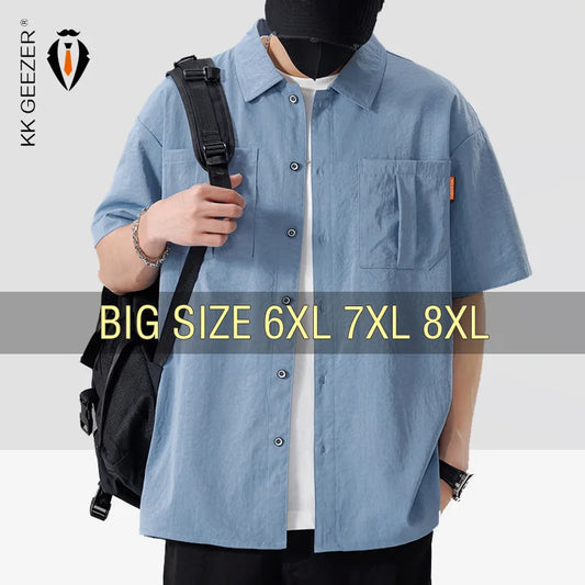 Men Shirt Short Sleeve Stripe Summer Hip Hop Oversize 6XL 7XL 8XL Plus Size Casual Plaid Streetwear Loose Pocket High Quality