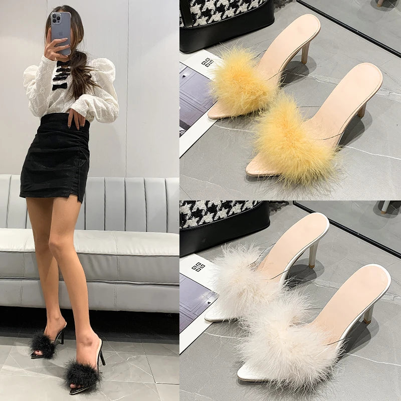Women Modern Slippers Summer New Sexy Feather Decorate High Heels Stiletto Peep Toe Mules Plus Size Ladies Sexy Pumps Shoes