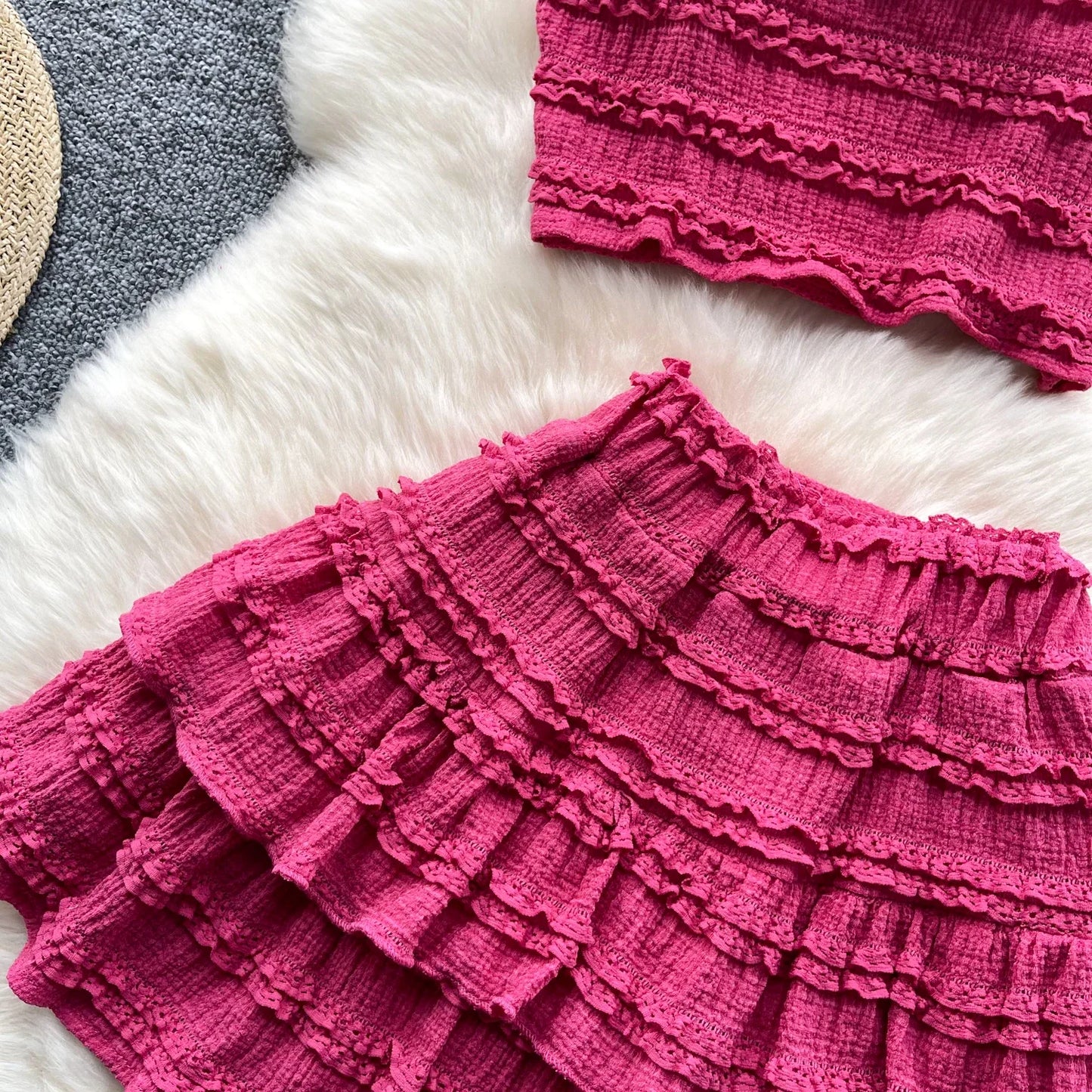 Sexy Two Pieces Sets Forwomen Chic Sexy Short Straps Tank Top with High Waist Mini Skirt Suit Summer Sweet Pleated Skirt