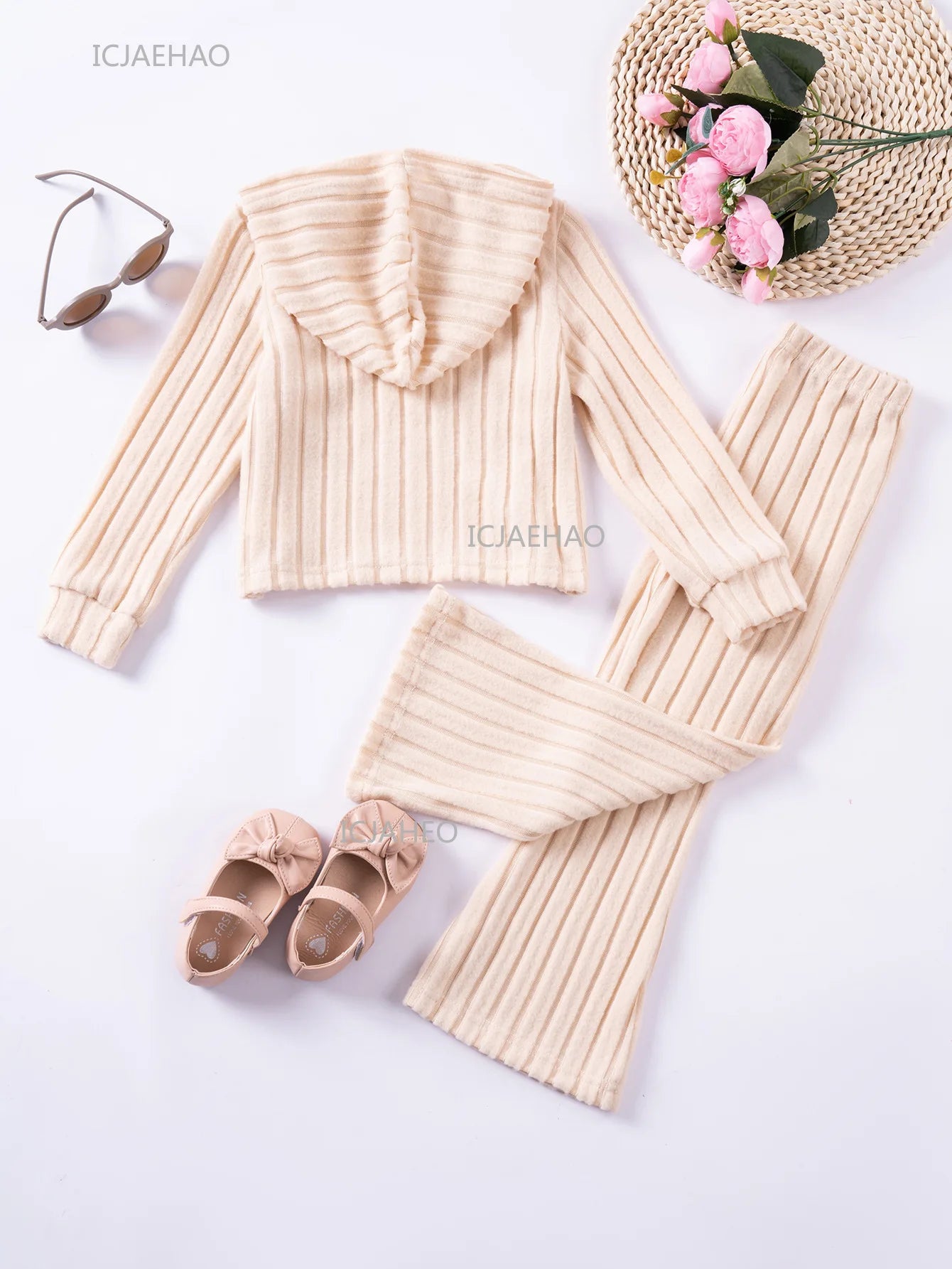 Girls Children Outfit Set Hooded Knit Sweater Long Sleeve Solid Pants Casual Clothing for Kids Toddler Daily Wear Autumn Spring